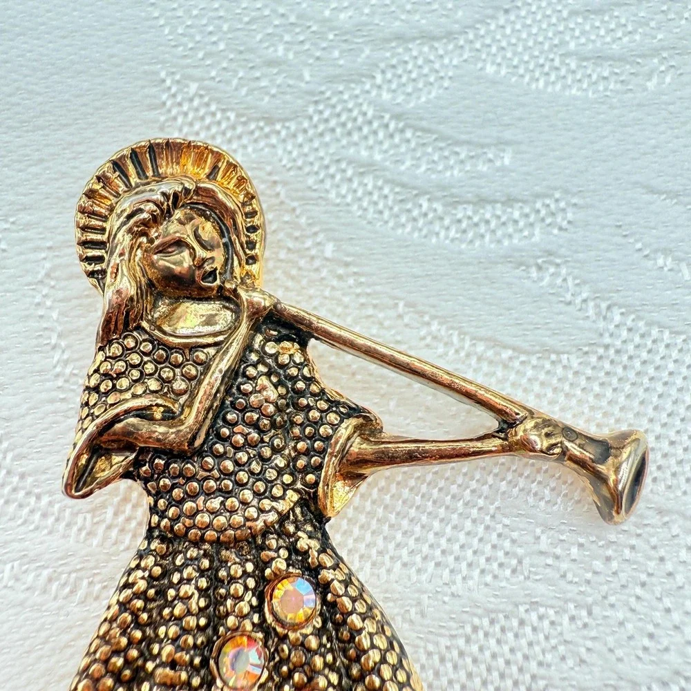 Vintage Gold Tone Girl Playing Alphorn Instrument Brooch w/ AB Rhinestones